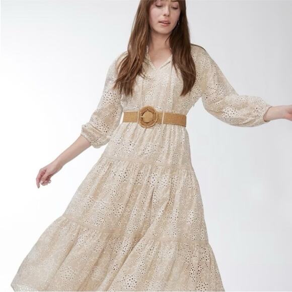 Chico’s Boho Tan White Eyelet Tiered Ruffle Midi Maxi Dress Size 1 US 8 Neutral - Picture 2 of 10